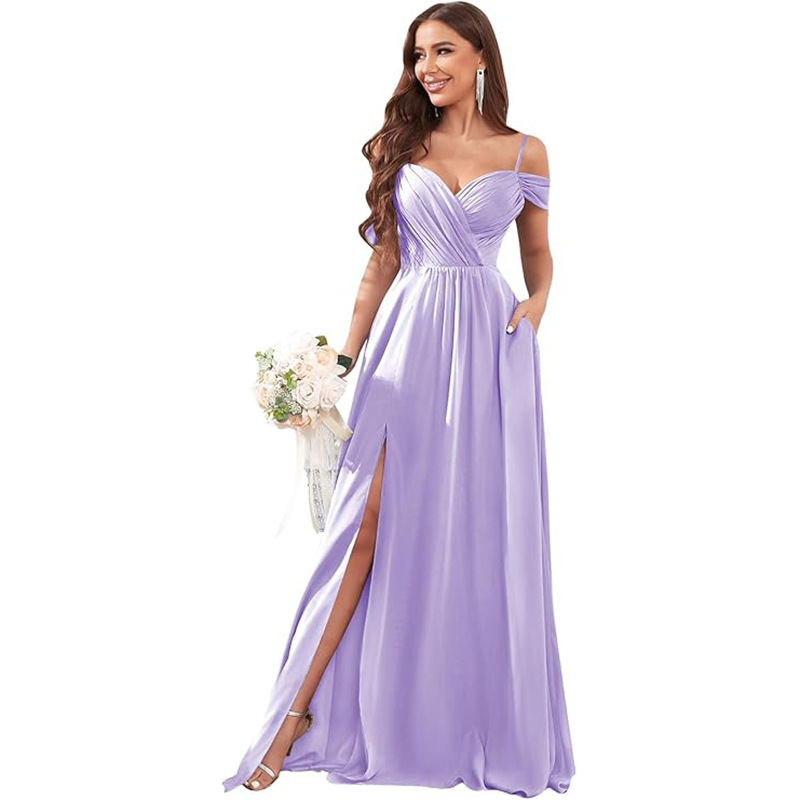 Vestido de noche de un solo hombro sexy europeo y americano, vestido de falda larga de cola de pez de encaje, dama de honor de gasa a nivel de diosa, caída delgada