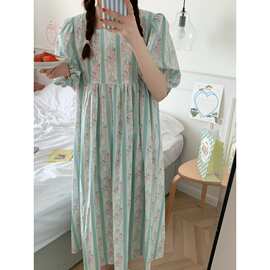 韩国chic女士条纹碎花公主短袖裙家居服泡泡袖睡衣女夏可外穿