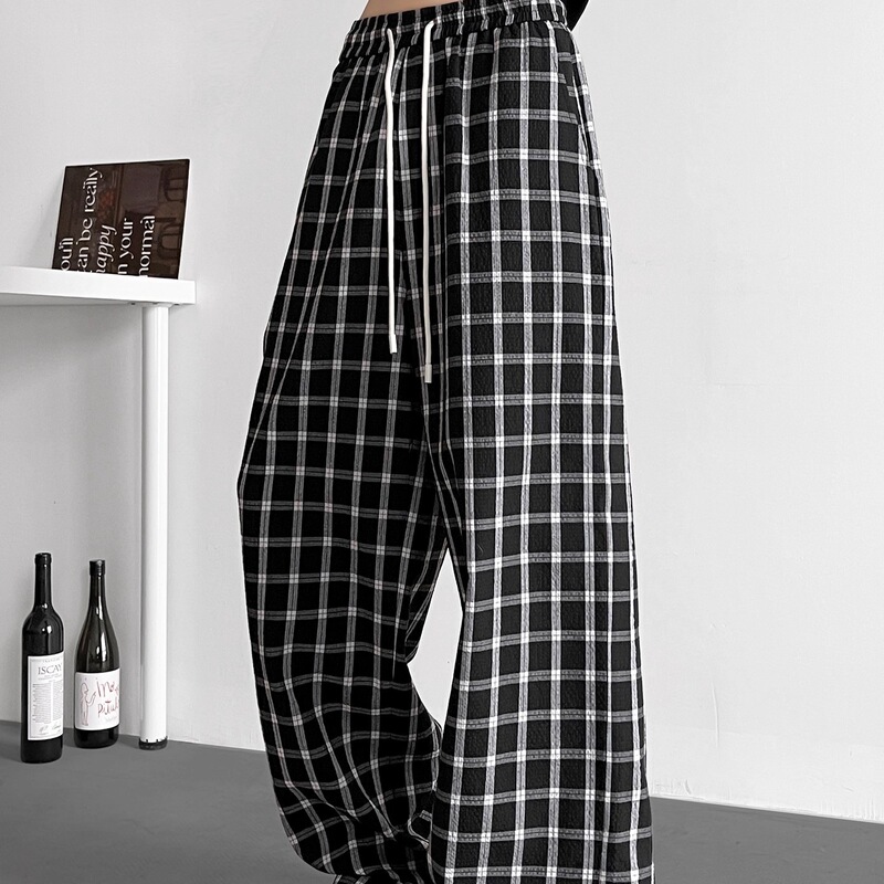Vintage Hong Kong Style Plaid Pants for Men, Summer Thin Straight Casual Long Pants, College Style Drapey Floor-Length Wide-Leg Pants for Couples