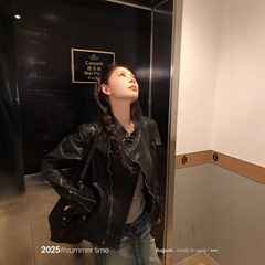 SUNONEONE 不规则重工拉链黑色皮衣外套女早秋酷飒风机车夹克上衣