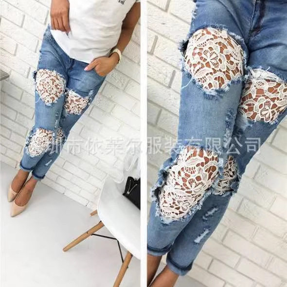 2021 cross-border foreign trade washed jeans women's ripped lace slim-fit light-colored women's Denim trousers