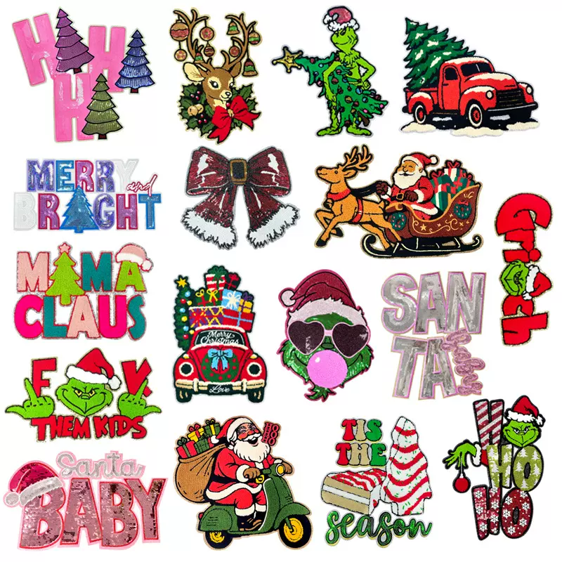 跨境圣诞款系列圣诞老人麋鹿圣诞树拐杖亮片珠片刺绣熨烫大布贴