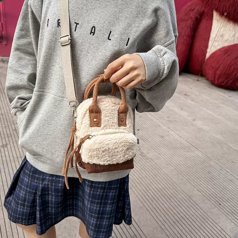 跨境女包秋冬新款韩系撞色羊羔毛豹纹手提斜挎包百搭毛毛单肩包女