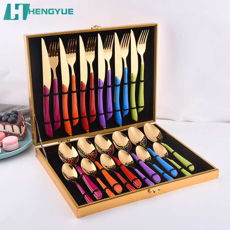 410 Stainless Steel Western Tableware Plastic Clamp Handle Knife and Fork Spoon Torch Handle Rainbow Clamp Handle Tableware Set 24 Pieces Set 410 Stainless Steel Western Tableware Plastic Clamp Handle Knife and Fork Spoon Torch Handle Rainbow Clamp Handle Tableware Set 24 Pieces Set