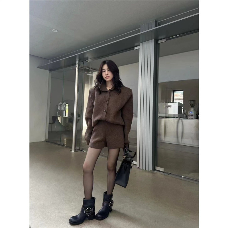 毛衣两件套女2024秋冬气质Polo领针织衫+高腰休闲短裤套装|undefined