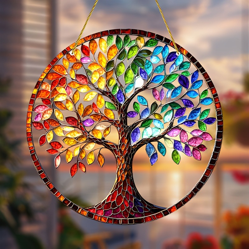Plano 2D, captador de sol del árbol de la vida, decoración de pared de acrílico de 9 pulgadas, colorido