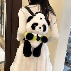 可爱警察熊猫毛绒双肩包卡通公仔女生玩偶包呆萌国风仿真小熊背包