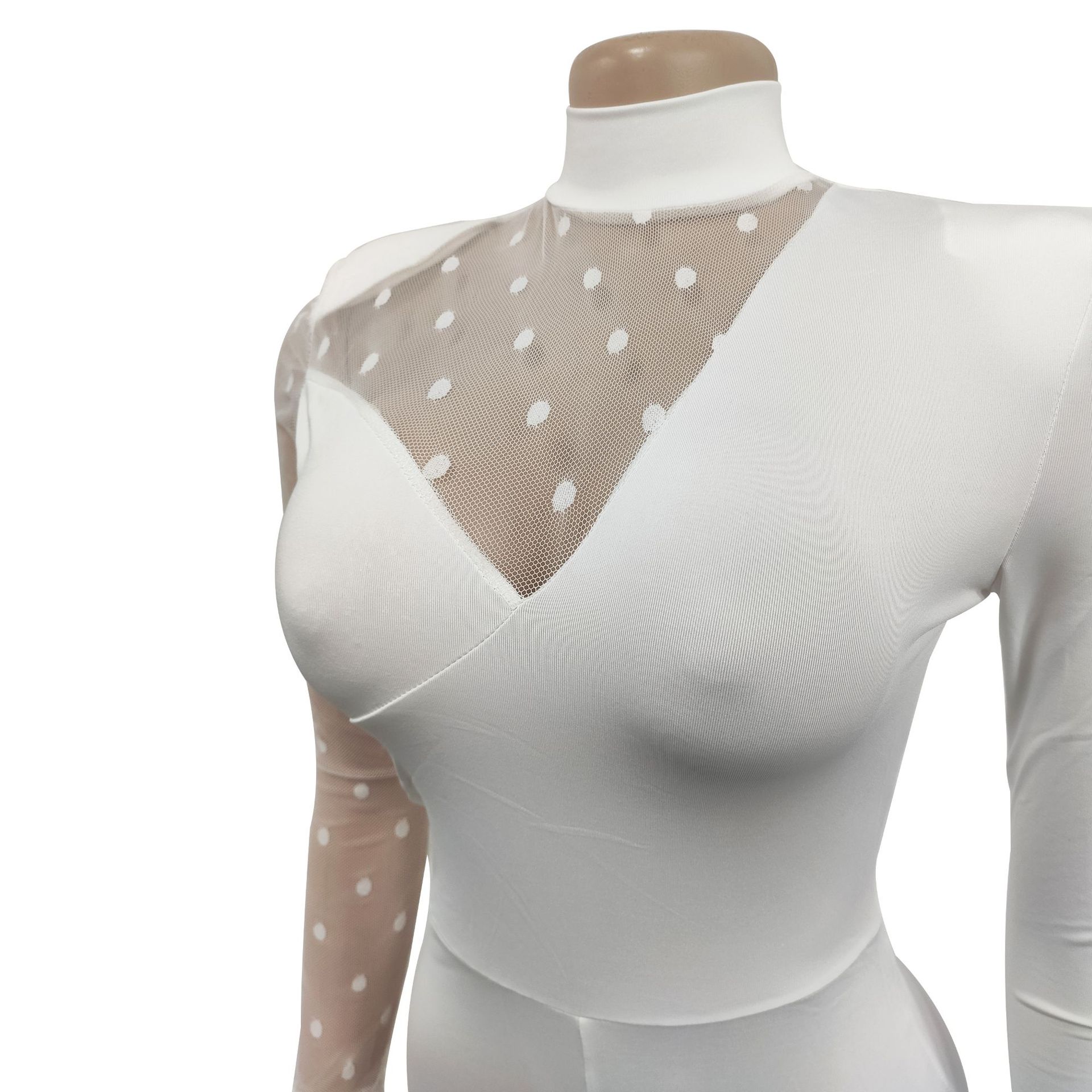Women's Clothing fashion women's polka dot mesh see-through long-sleeved trousers solid color jumpsuit_voghion.com