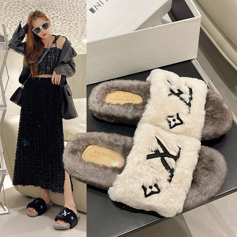 网红同款毛毛拖鞋女2025春秋韩版新款羊羔毛字母松糕厚底一字拖女