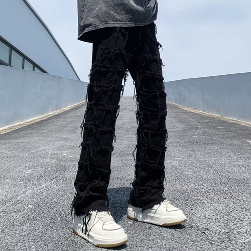 Cross-border new men's denim straight-leg pants, European and American street fashion, Instagram best-selling, elastic patch denim straight-leg pants