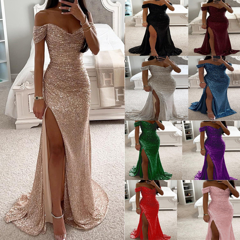 Cross-Border 2025 European and American New Party Sequin One-Line Collar Slit Dress Ins Casual Fashion Dress for Women