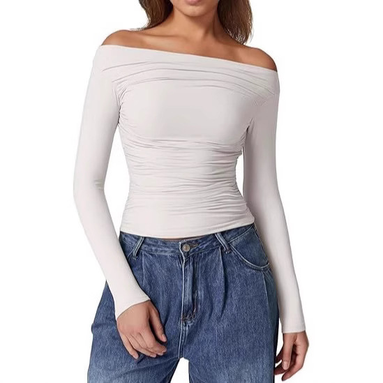 European and American Women's Fashion Off-Shoulder Long-Sleeve T-Shirt, Foreign Trade Slim-Fit Shirt, Milk Silk Inner Base Shirt for Women European and American Women's Fashion Off-Shoulder Long-Sleeve T-Shirt, Foreign Trade Slim-Fit Shirt, Milk Silk Inner Base Shirt for Women