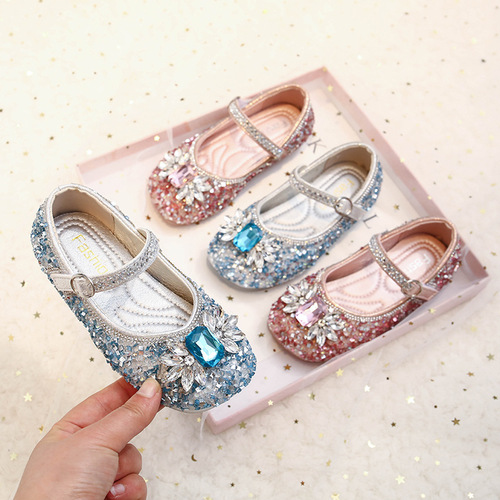 Children's Small Leather Shoes  Spring and Autumn Girls' Bow Sequin Princess Shoes Cartoon Frozen Dance Shoes