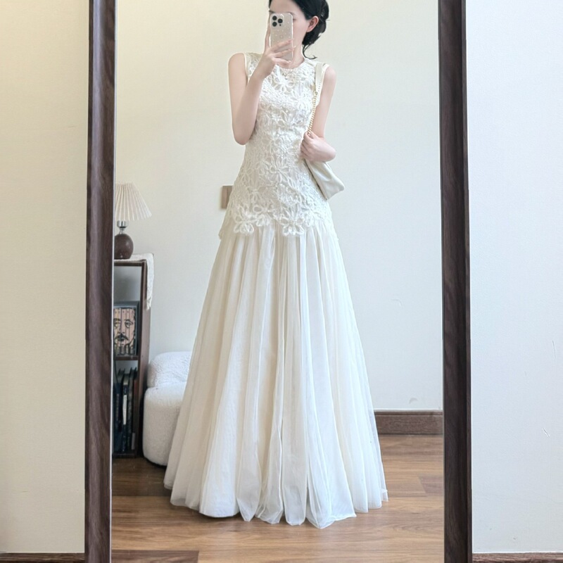 2026 Summer French Style Elegant Dress for Important Occasions, Light Apricot Lace Dress with a Gentle and Intellectual Look