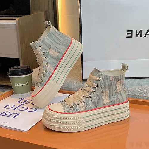 Korean-style laced holey denim canvas thick-soled casual shoes, high-top shoes, versatile, stackable, trendy