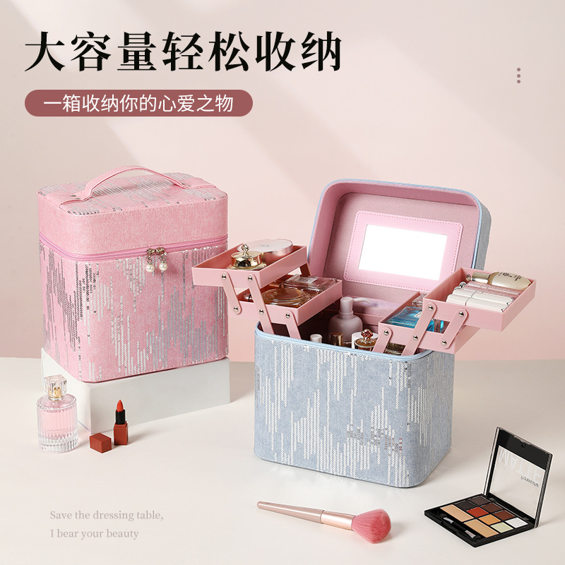 Bolsa de maquillaje coreana con patrón de vaqueros de gran capacidad para cajas de maquillaje femeninas de doble capa de gran estilo simple