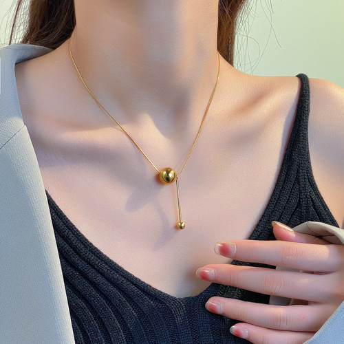 Minimalist ins metal ball long sweater chain does not fade titanium steel necklace female personality versatile tassel snake bone chain