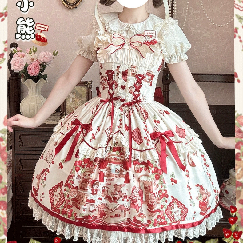 [Клубничный мишка] Brocade Garden lolita оригинальное милое платье Лолиты с клубничным принтом и ручкой