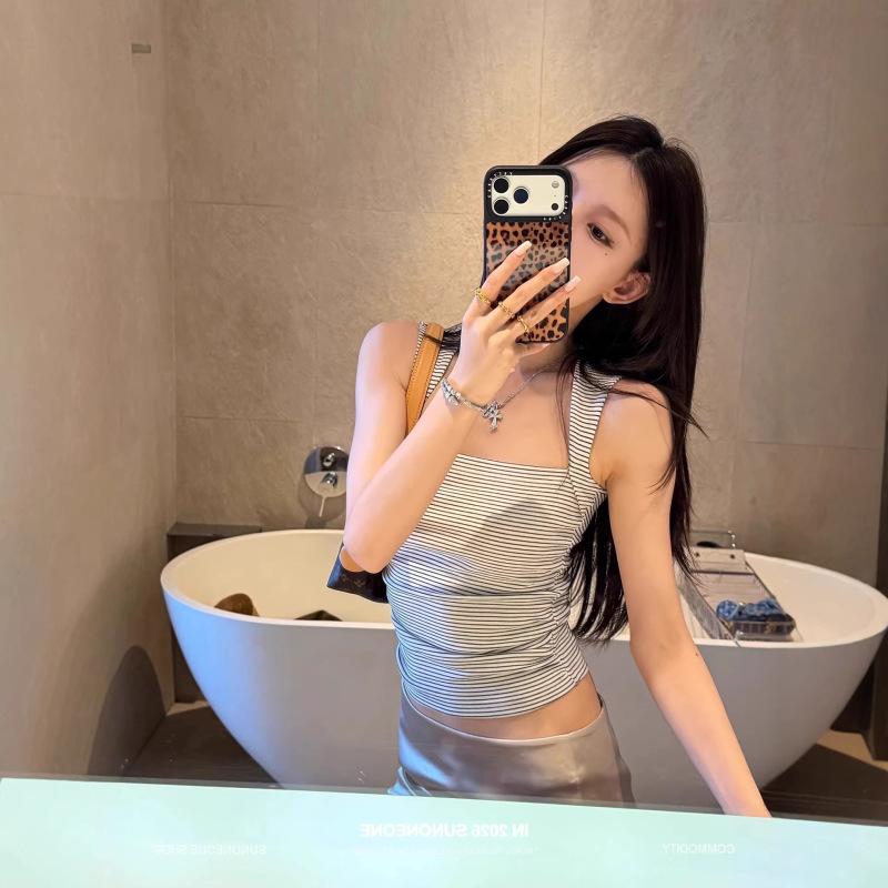 2026 New Black and White Striped Square-Neck Camisole Slim Fit Top Paired with Jeans Korean Urban Style Light Fashion