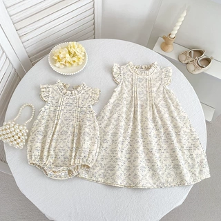 女童连衣裙夏季无袖碎花婴儿爬服外出包屁衣女孩连衣裙姐妹童装
