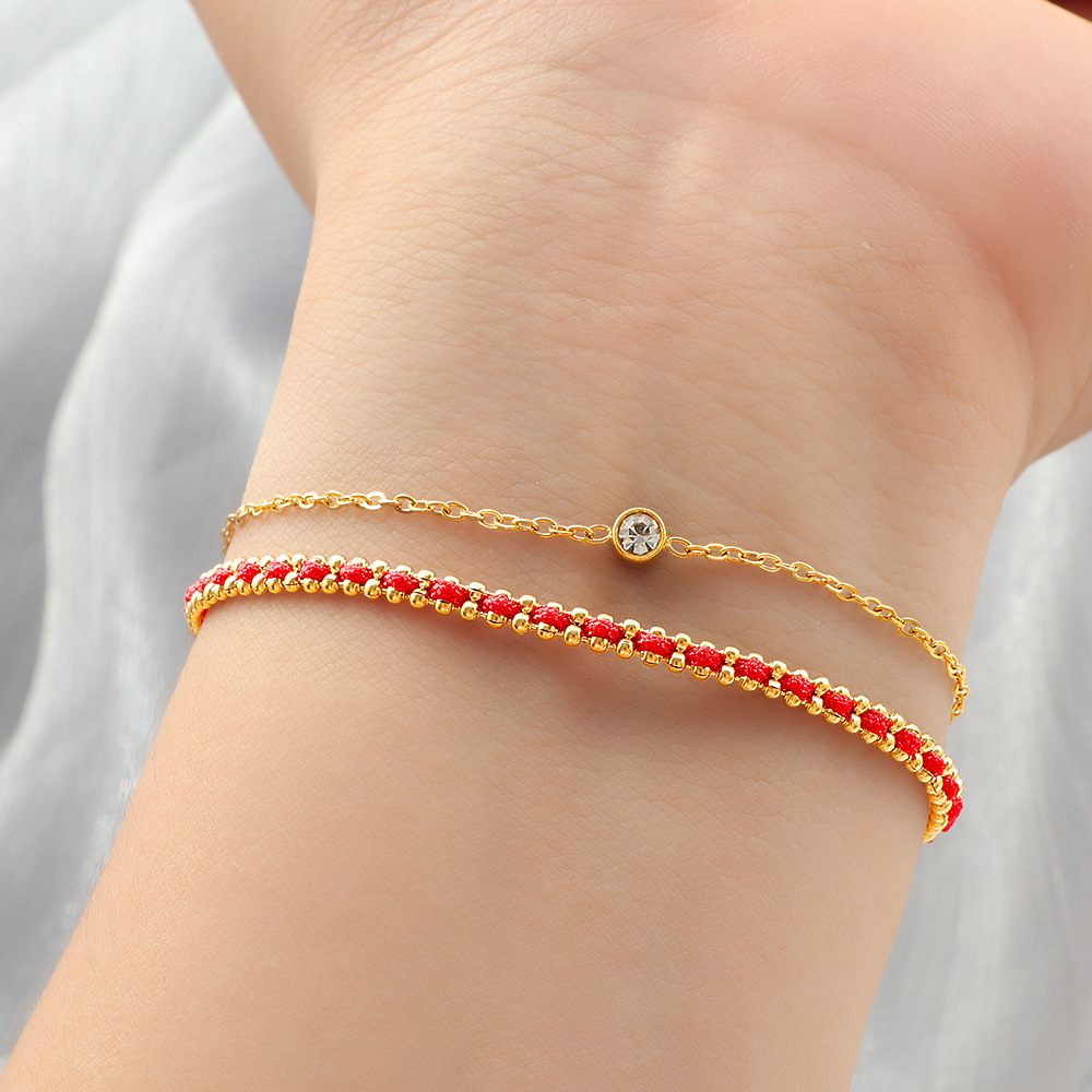 Titanium Steel Non-Fading Small Red Rope Double-Layer Single Diamond Bracelet Women's Braided Bracelet Accessible Luxury Niche Exquisite Animal Year Bracelet