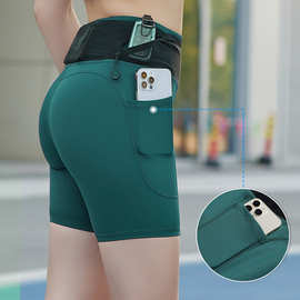 夏季运动短裤女士手机口袋高腰提臀弹力瑜伽短裤健身压缩紧身裤
