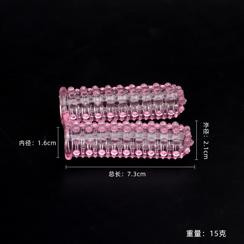 Finger Sleeve G-Spot Stimulator Set with Textured Wolf Teeth and Crystal Caterpillar Design, Pink TPE — detail image 3
