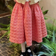 加厚格子棉裙女2025冬季新款复古甜美红色格纹蓬蓬半身裙