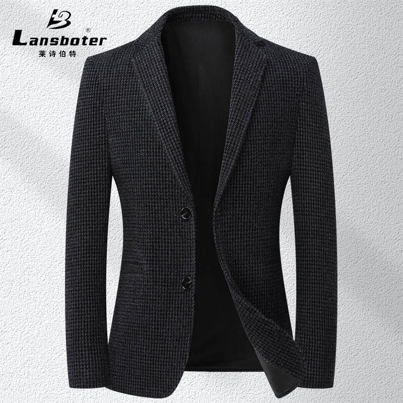 Áo vest nam dáng ôm họa tiết chữ nhật nhỏ, vải co giãn dày, không cần ủi, tay dài — Ca rô Houndstooth xám nhạt, Ca rô Houndstooth Đen Xám