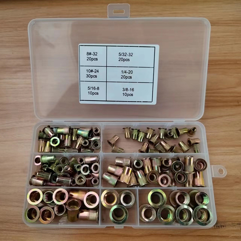 100pcs/ 盒英制美制碳钢镀彩锌拉铆螺母平头竖纹铆螺母滚花铆螺母
