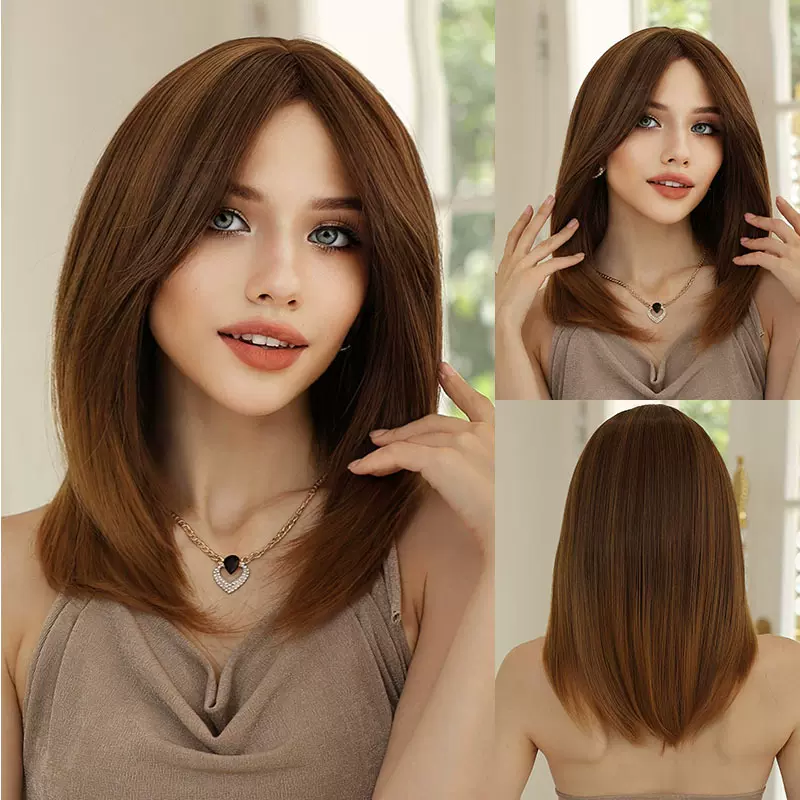 跨境新品黄棕色假发欧美女士八字刘海层次感短直发机制化纤全头套