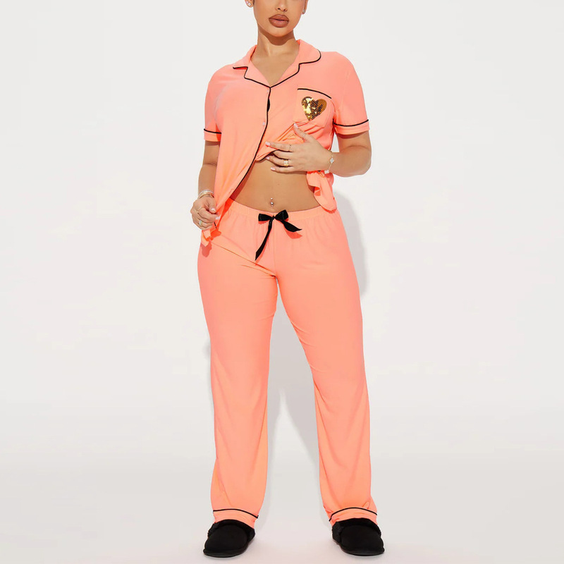 Cross-Border Pajamas for Women, Summer Heart Sequin Embroidered Short-Sleeved Pants Two-Piece Set European and American Home Wear Pajamas