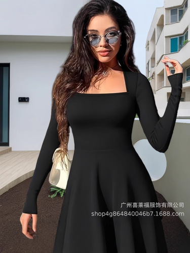Eurasian cross-border new solid color slimming square neck casual happy party vacation elegant mini sexy dress
