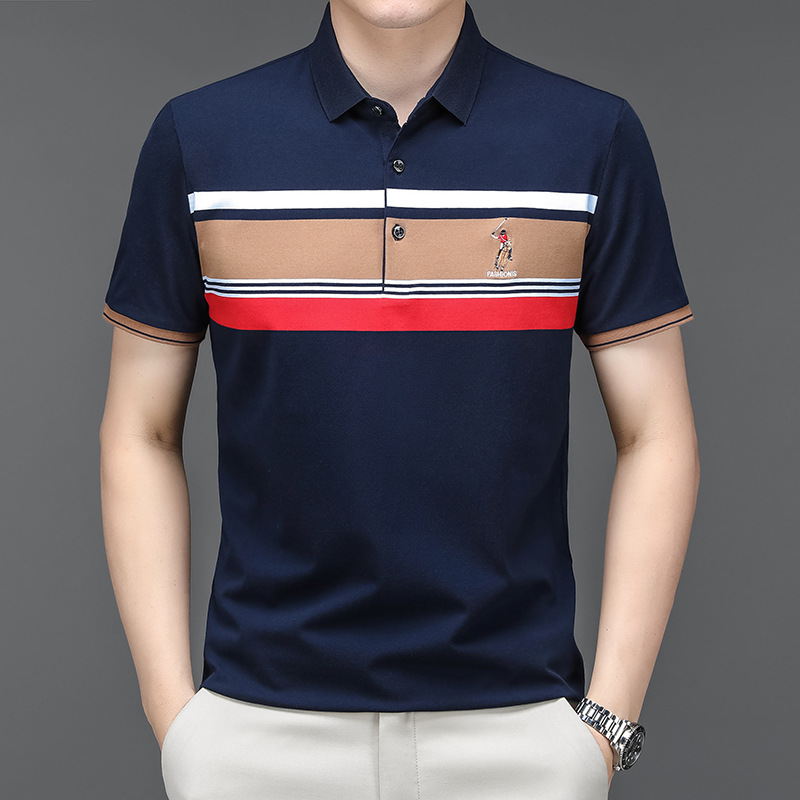 Exclusivo transfronterizo para verano nuevo estilo de algodón bordado de manga corta camiseta de hombre a rayas casual solapa de gran tamaño camisa POLO para hombre