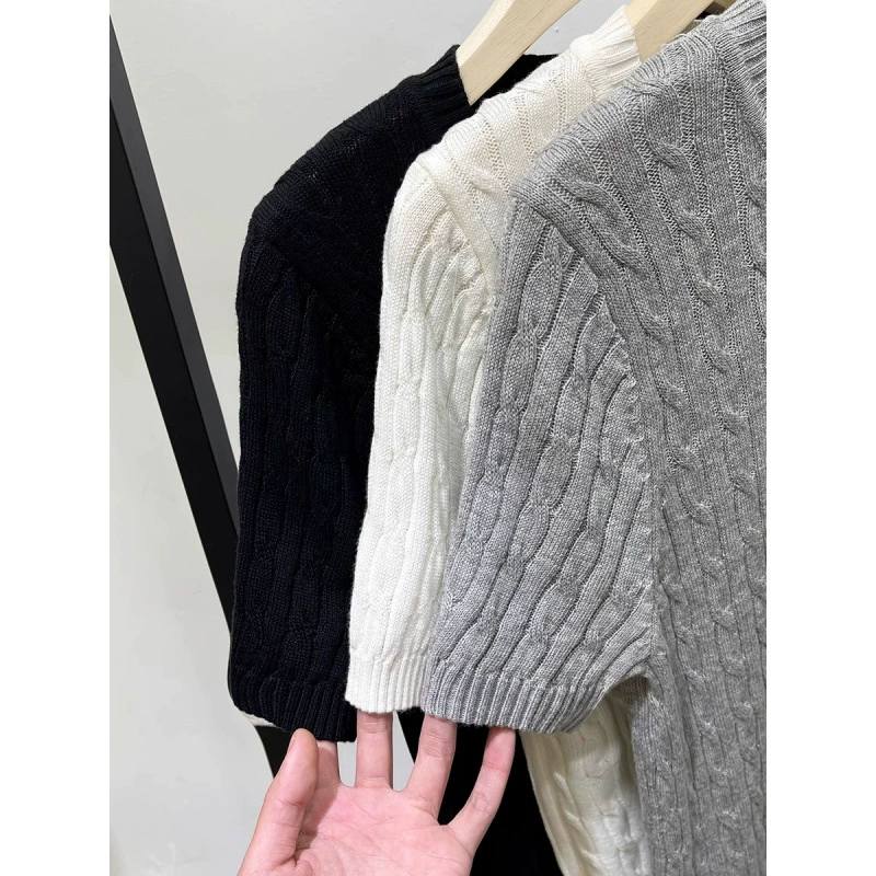 Retro knitted sweater with a round collar, summer T-shirt, brace, with embroidery