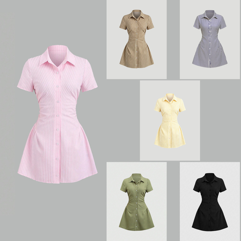 Hong Kong-Style Retro Striped Shirt Dress with a High-End Feel, Waist-Cinching Dress, 2026 New Spring/Summer Women's Fashion Hong Kong-Style Retro Striped Shirt Dress with a High-End Feel, Waist-Cinching Dress, 2026 New Spring/Summer Women's Fashion