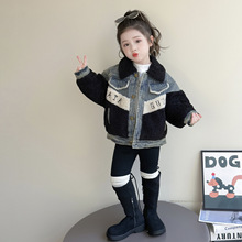 女童冬季加绒牛仔毛毛衣拼接外套2025新款女大童韩版复古儿童上衣