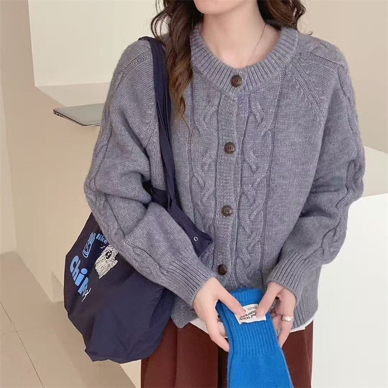秋冬季新款韩版宽松圆领麻花针织开衫女慵懒风软糯毛衣外套女上衣|undefined