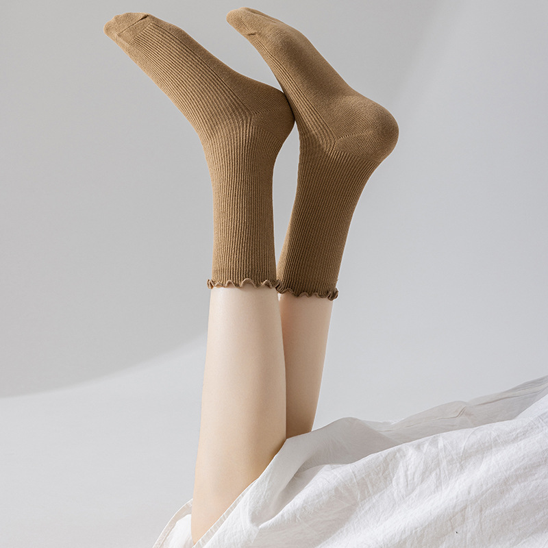 Damen Crew Socken Mit Wellensaum Für Herbst Und Winter Einfarbig_voghion.com