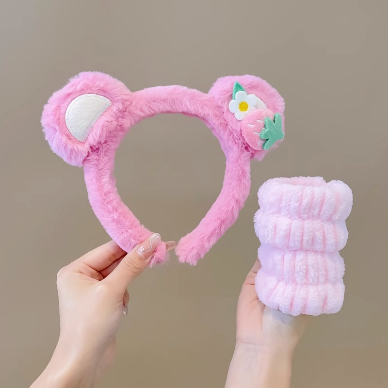 Lindo Rosa lavado de cara banda de pelo de las mujeres a prueba de humedad banda de muñeca banda de pelo absorbente de tres piezas conjunto máscara facial diadema especial