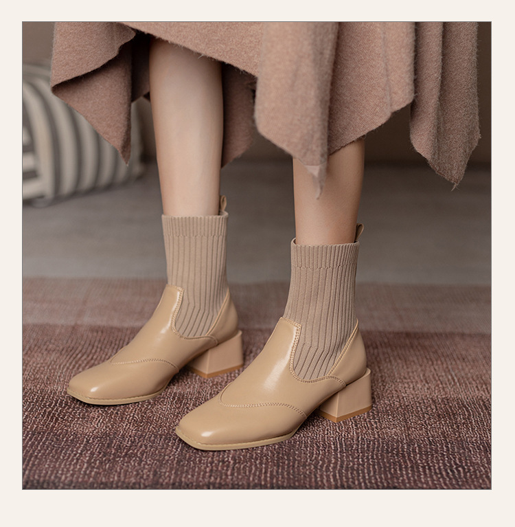 Women's Ankle Boots French Retro Square Toe Thick Heel Mid Calf_voghion.com