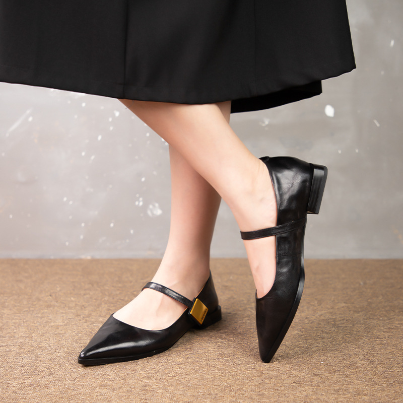 Black elegant Mary Jane shoes pointed-toe low-cut