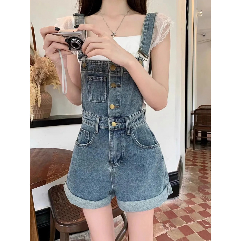 年齢を軽減するデニム サスペンダー ショーツ 2024 夏レトロな新しい作業服スリム デザイン パンツ|undefined