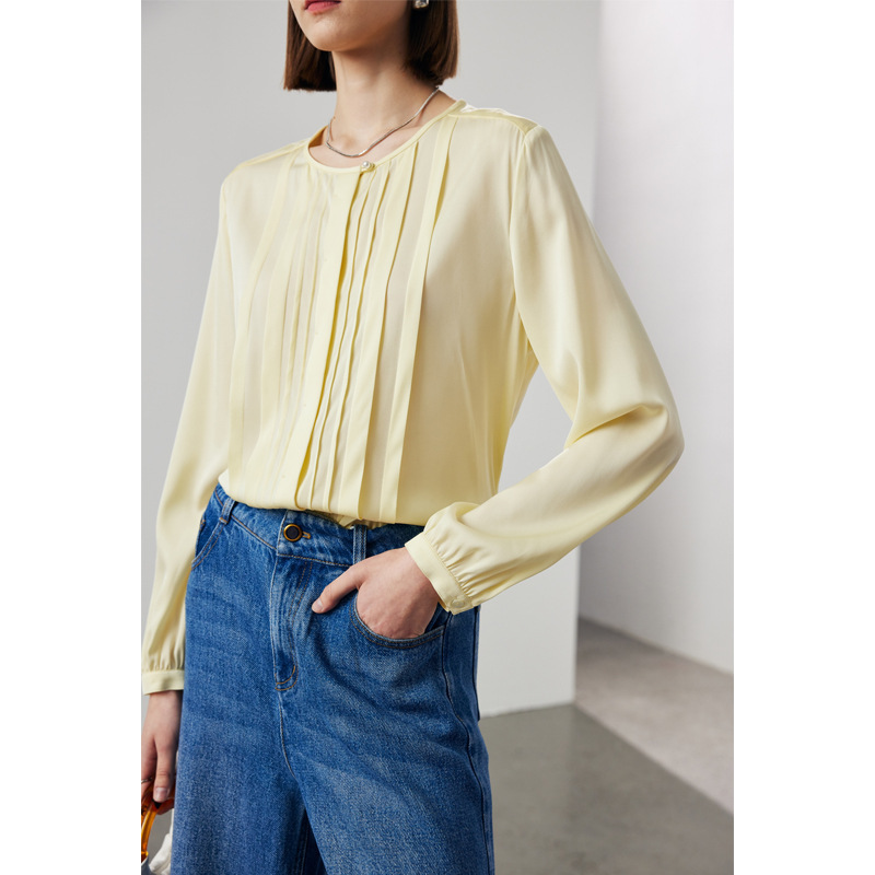 Silk Shirt for Women 2026 Spring/Summer Round Neck Ribbed Solid Color Commuter 19 Momme Stretch Double Georgette Mulberry Silk Shirt