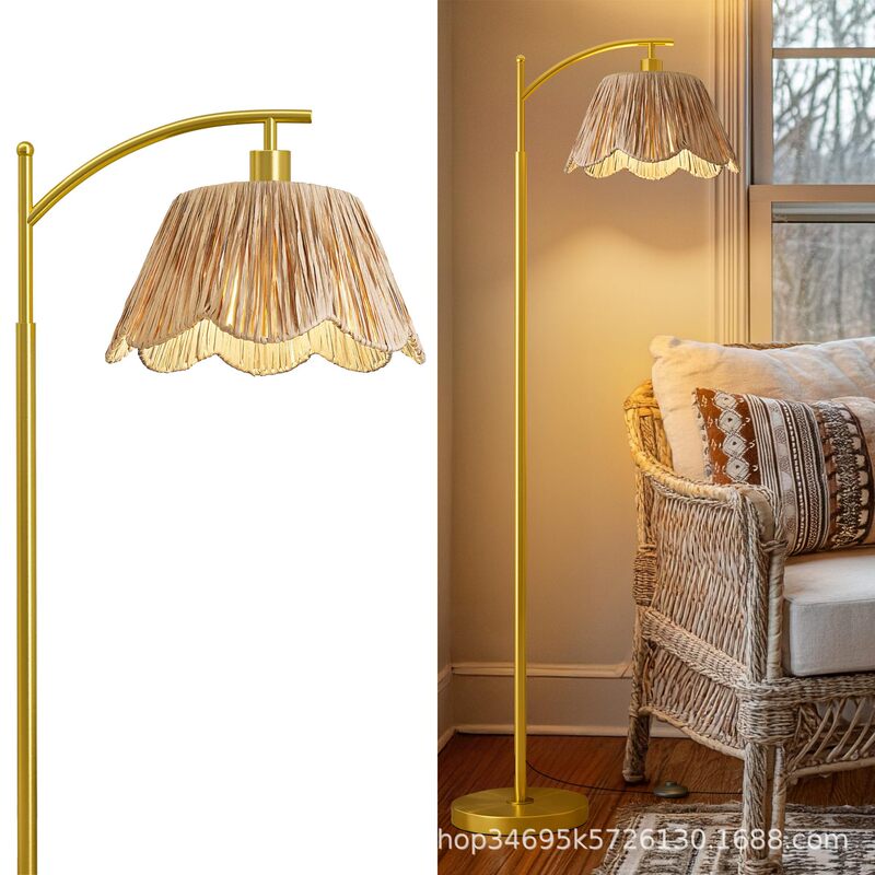 Living Room Curved Floor Lamp, Hand-Woven Bohemian Rattan, Foot-Controlled, Corner Lamp for Bedroom or Study