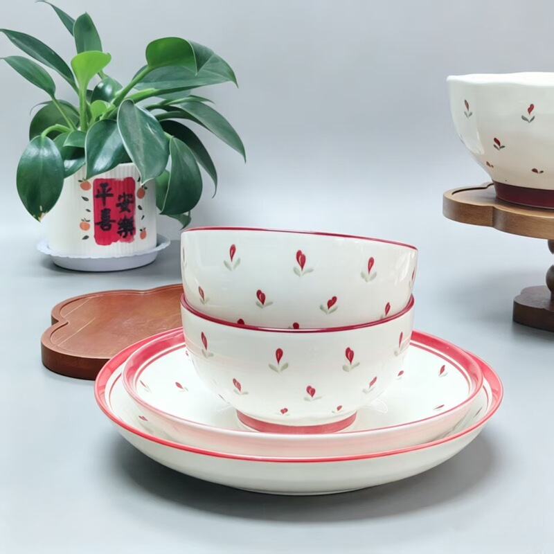 Floral Whisper Underglaze Color Exquisite Girly Style Ceramic Bowl and Plate Set High-Value Design 2026 New Model