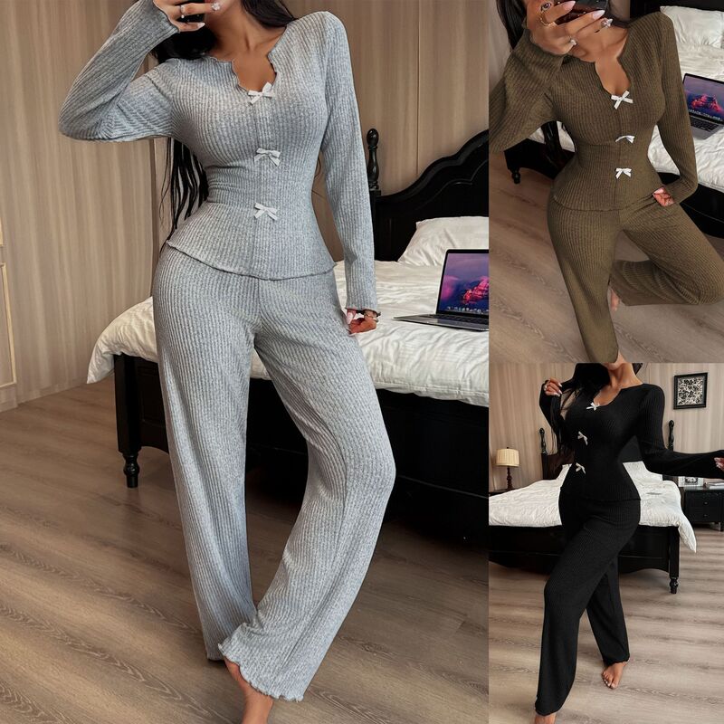 Autumn and Winter European and American Cross-Border Women's V-Neck Knitted Sweater Bow Long-Sleeved Pants Pajamas Home Wear Suit for Women Autumn and Winter European and American Cross-Border Women's V-Neck Knitted Sweater Bow Long-Sleeved Pants Pajamas Home Wear Suit for Women