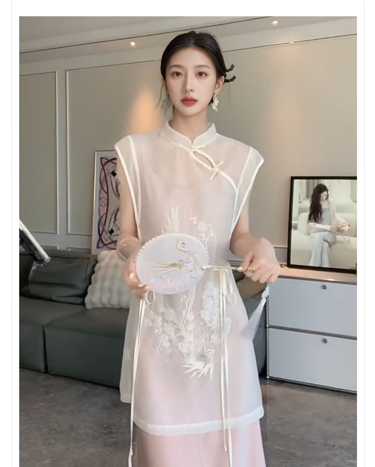 Áo sơ mi lụa tơ tằm thêu đính cườm phong cách tân cổ điển Trung Quốc M4023 — Màu trắng chi tiết 2