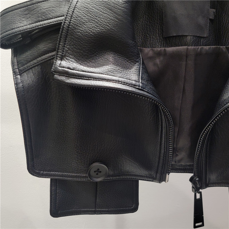2025 otoño nuevo diseño de botón de bolsillo falso de cuello alto sin mangas super corto pu piel de moda chaleco de calle chaleco
