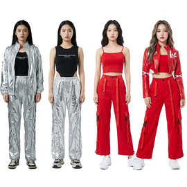 爵士街舞嘻哈女团打歌演出服银色亮面嘻哈街舞运动套装未来感潮牌